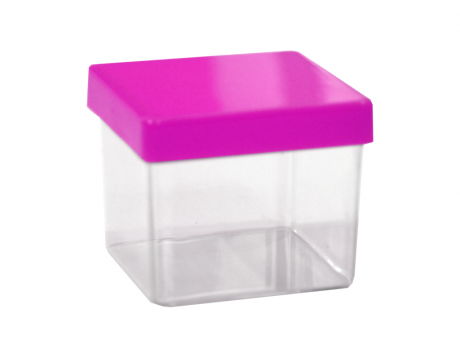 DESC CAJITA PLASTICA CUBO (5X4,5CM) TRANSP. C/TAPA FUCSIA PAQX10