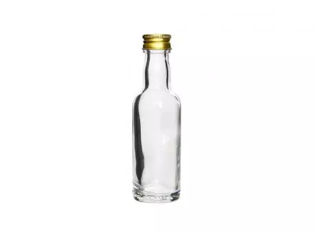 BOTELLA VIDRIO MINIATURA 60ML C/ TAPA PLATEADA/DORADA REF841