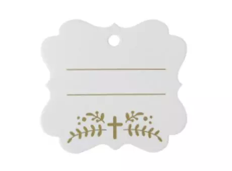 ETIQUETA CUADRADO CRUZ 10P (6X6.5CM) DORADO/BLANCO
