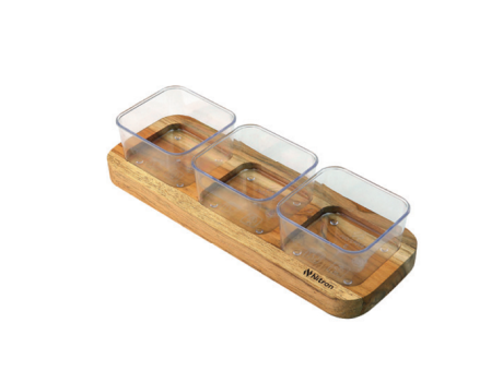 Imagen miniatura de BANDEJA DE APERITIVOS DE TECA CON 3 RECIPIENTES PARA SALSAS 682.004.M00 NITRON