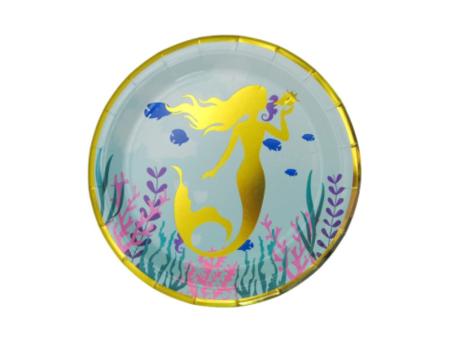 Imagen miniatura de PLATOS PAPEL CIRCULAR SIRENA 10P (18CM) CELESTE/DORADO