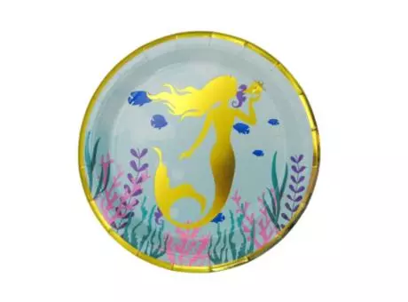 PLATOS PAPEL CIRCULAR SIRENA 10P (18CM) CELESTE/DORADO