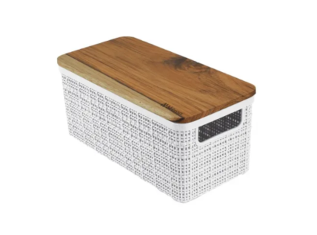 CESTA DE YUTE ALARGADA BLANCA M CON TAPA DE MADERA R. 257.006.M02 NITRON