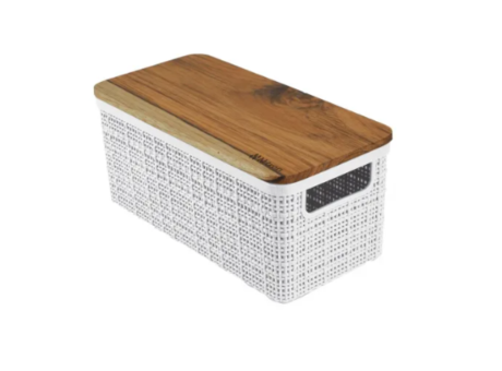 CESTA DE YUTE ALARGADA G BLANCA CON TAPA DE MADERA R. 258.004.M02 NITRON