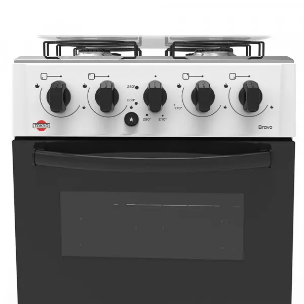 Imagen miniatura de COCINA A GAS TOKYO BRAVO BLANCO 4H MESA INOX C/ENCENDIDO TAPA DE VIDRIO HORNO LI